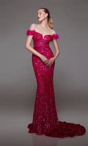 ALYCE Paris 1789 Raspberry Pink Off the Shoulder Sheath Dress with Train - Size 8