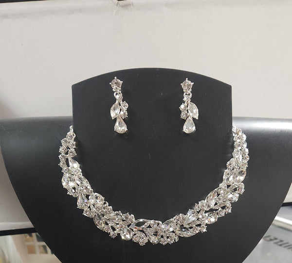 Multi Stone Cluster Crystal Rhinestone Silver Necklace and Earring Set
