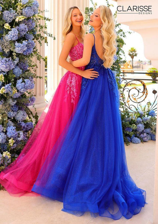 CLARISSE 810757 Fuchsia Lace and Tulle Corset Illusion Bodice A-Line Dress with Slit - Size 14