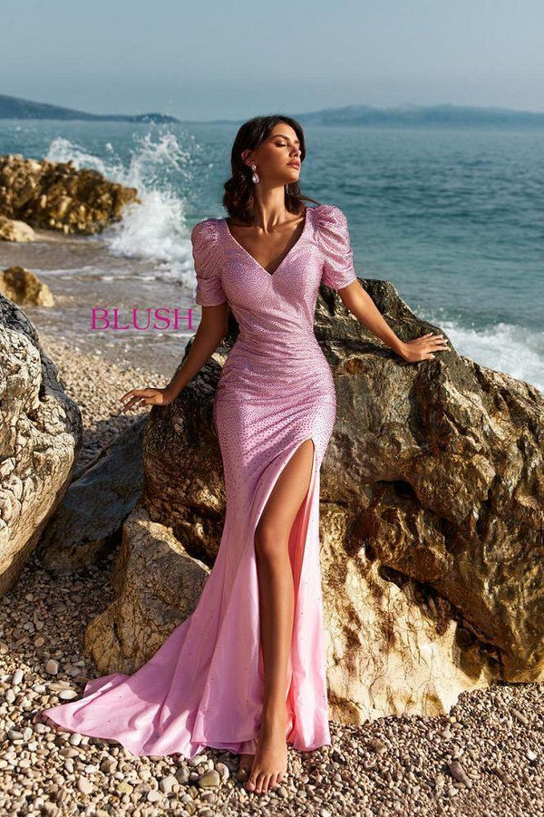 Blush Prom 12120 Rose Pink Sheath Dress with Short Ruched Sleeves and Open Back