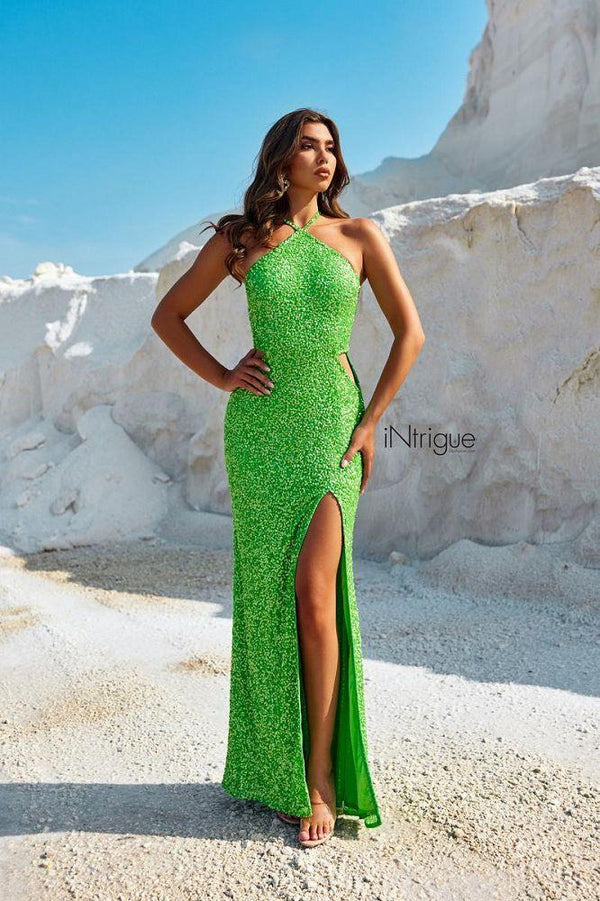 INTRIGUE by Blush 91014 Ocean Blue Fully Beaded Dress with Slit - Size 4