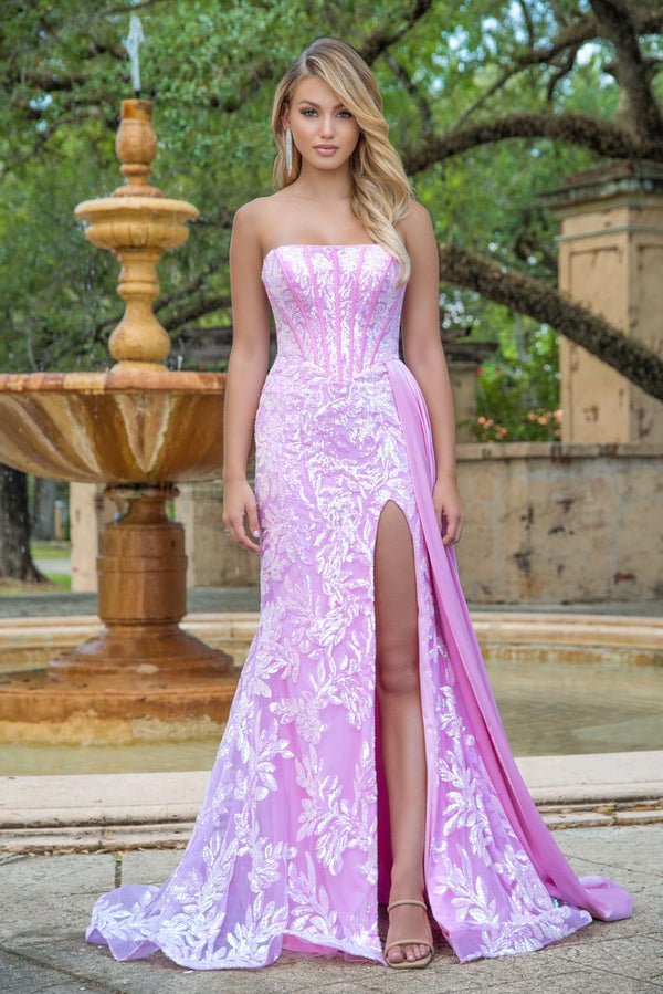 Ava Presley 28291 Iridescent Light Pink Corset Style Fit-n-Flare Dress with Slit