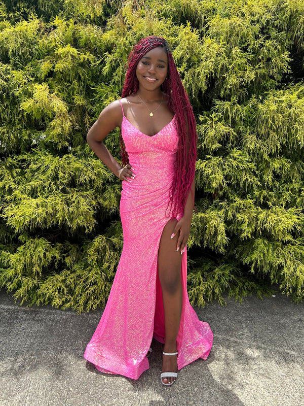 Ava Presley 38889 Fitted Sequined Dress with Slit - Hot Pink, Coral or Yellow