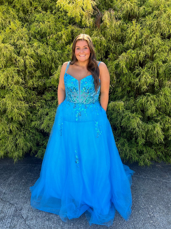 Athena Prom 8410 Sky Blue Sequin Corset Style Illusion Bodice Ballgown - Size 26