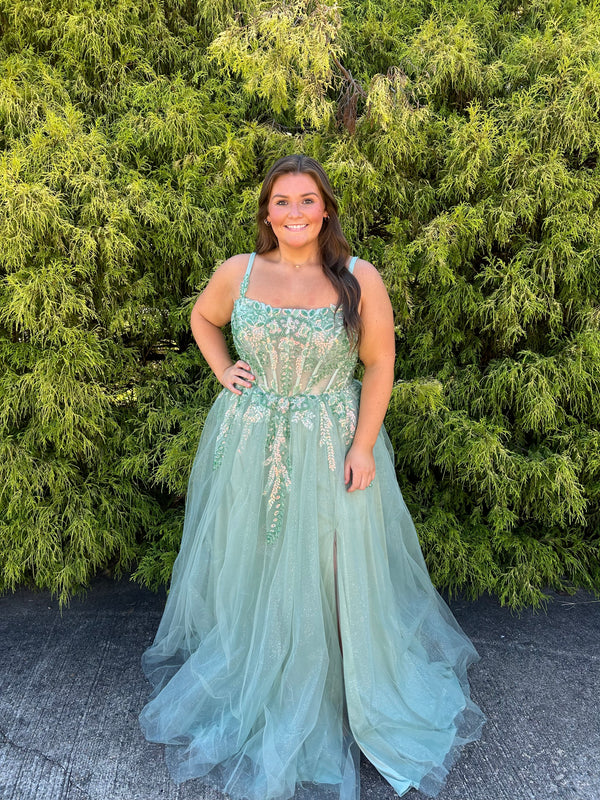 Athena Prom 8848 Sage Corset Style A-Line Tulle Dress with Slit - Size 26