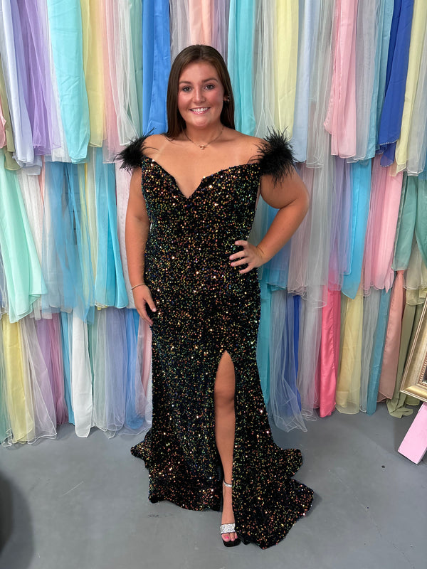ALYCE Paris 140244 Black Sequin Off the Shoulder Dress with Slit - Size 16