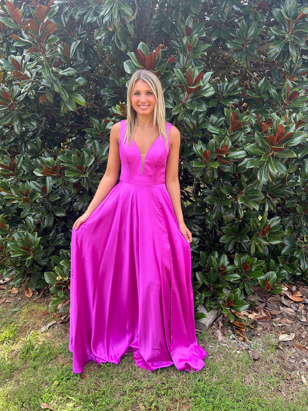 ALYCE Paris 1756 Luminous Satin V-Neck Dress with Slit - Royal Blue or Neon Purple