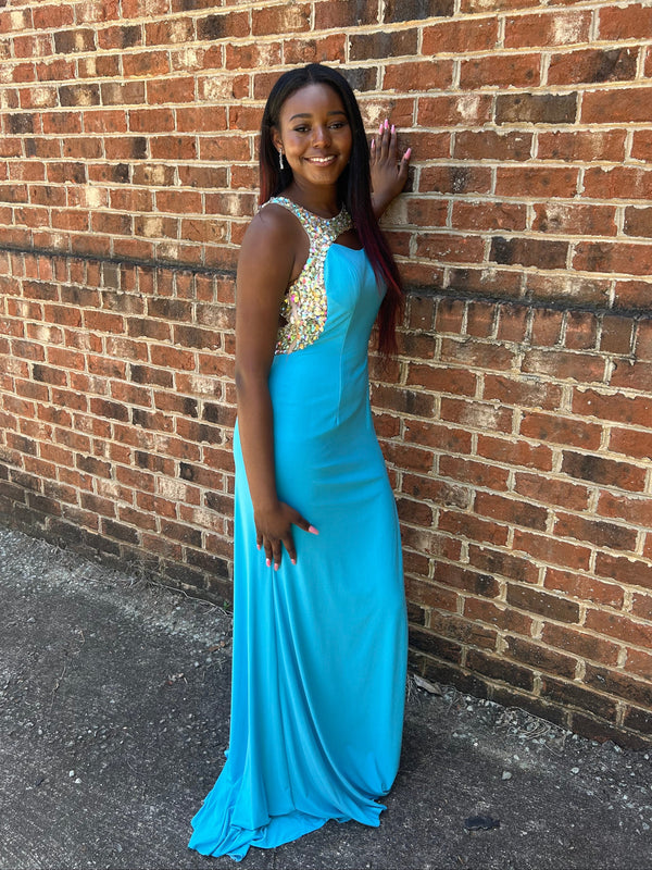 ALYCE Paris 35683 Turquoise Jersey Dress with Jeweled Straps and Slit