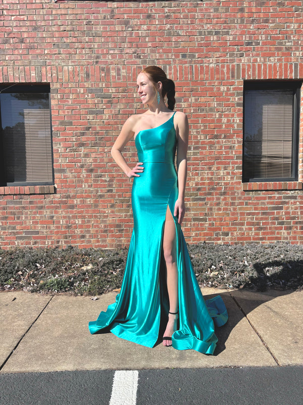 Alyce Paris 61159 Lagoon Blue High Slit One Shoulder Stretch Satin Dress - Size 18