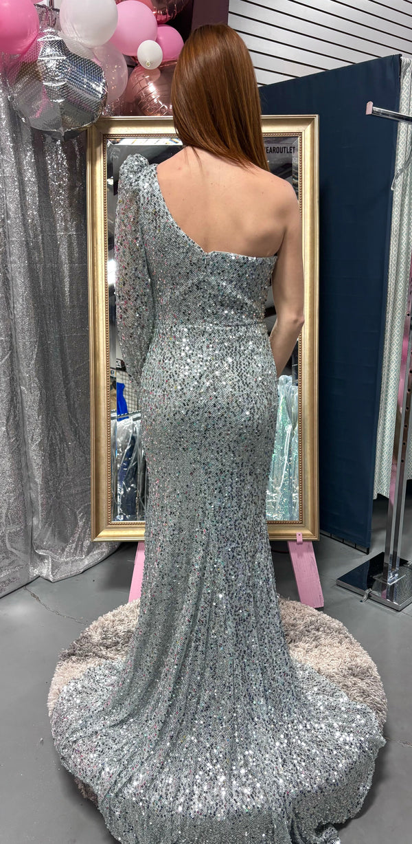 ALYCE Paris 61376 One Shoulder Long Sleeve Sequin Dress - Silver or Gold