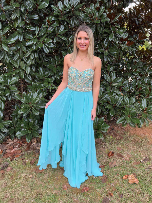 ALYCE Paris 6420 Blue Radiance Chiffon Dress with Beaded Bodice