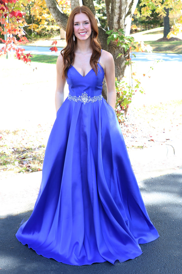 ALYCE PARIS 1727 Cobalt Blue Mikado A-Line Ballgown with Pockets - Size 2