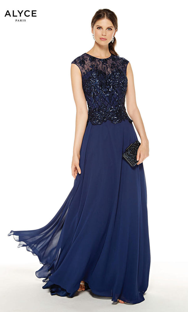 ALYCE Paris 27326 Navy Blue Modest A-Line Chiffon Dress - Size 8
