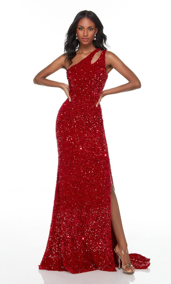 Alyce Paris 61183 Red Asymmetrical One Shoulder Plush Sequin Dress with Slit - Size 12