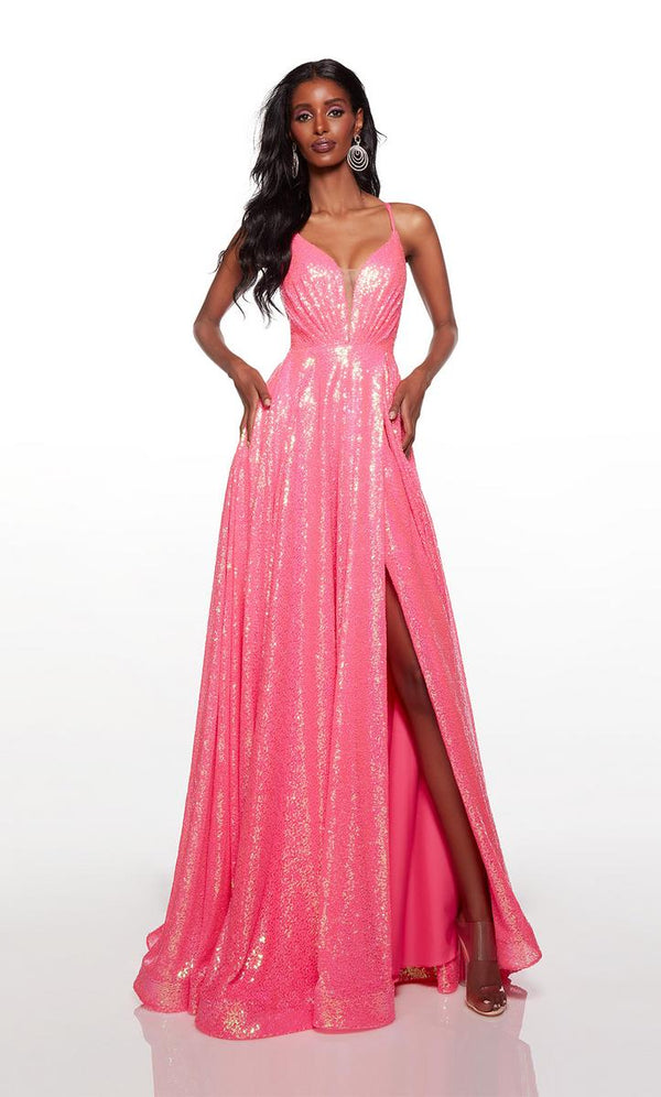 ALYCE Paris 61398 Sequin A-Line Dress Lace Up Back and Slit - Neon Pink or Blue