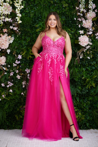 Athena Prom 8405 Fuchsia Pink Tulle A-Line Dress with Slit