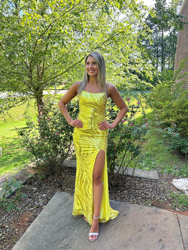 Blush Prom 12124 Yellow Fitted Sequin Dress with Strappy Back and Slit