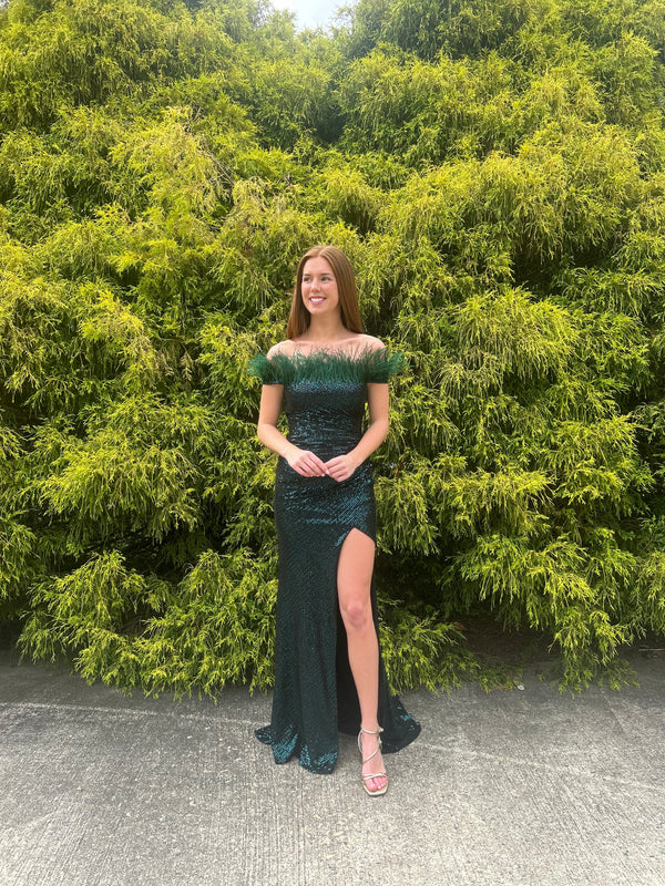 Blush Prom 12170 Sequin Off the Shoulder Dress with Feather Detail - Emerald, Pink or Sapphire Blue