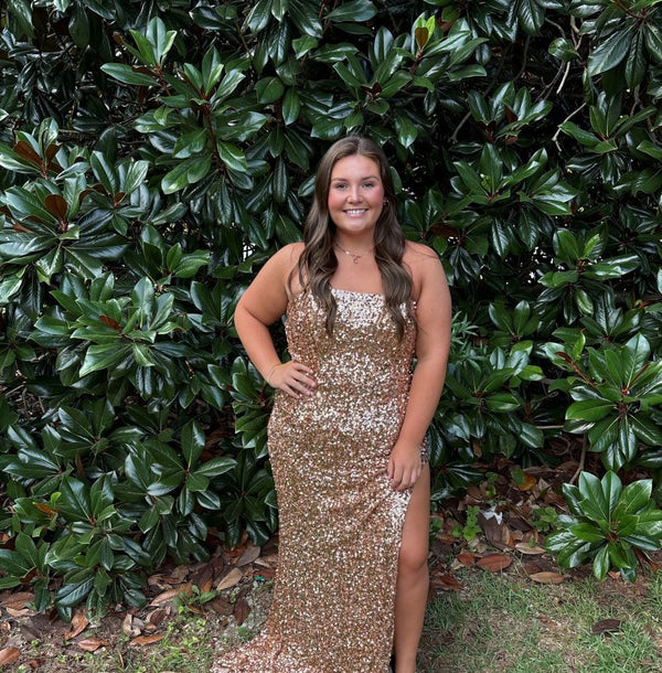 Blush Prom 20538 Rose Gold Strapless Sequin Jersey Fit-n-Flare w/ Dramatic High Side Slit - Size 14