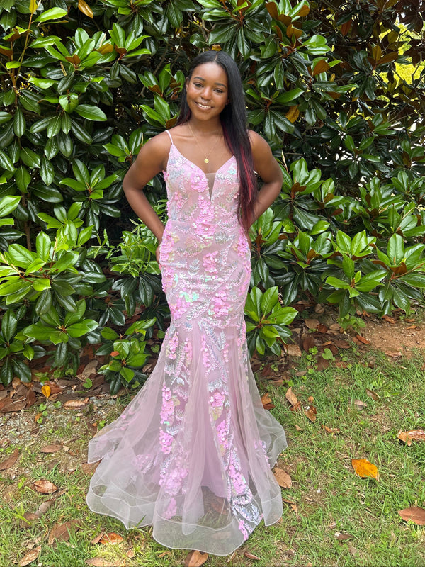 Blush Prom 12113 Pink Multi Plunging V-Neck Fit-n-Flare Dress with Godets