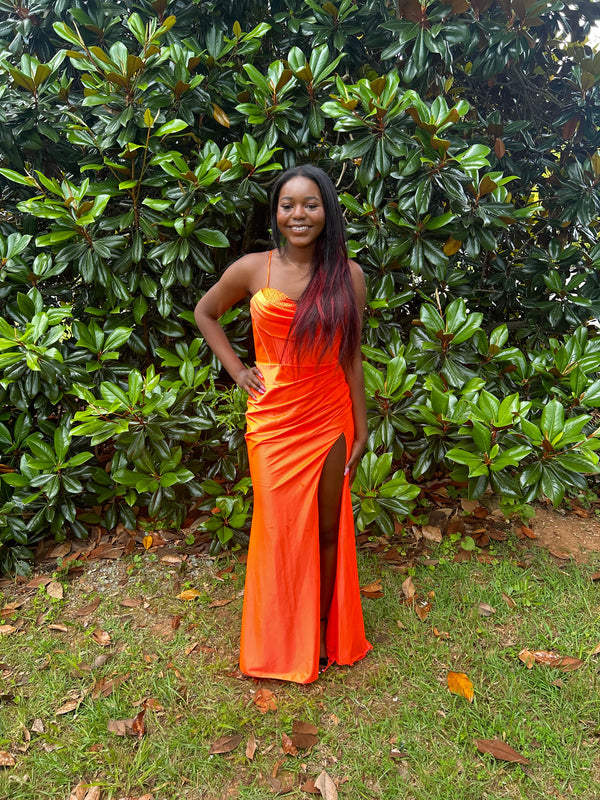 Blush Prom 12134 Orange Satin Corset Dress with Slit - Size 6
