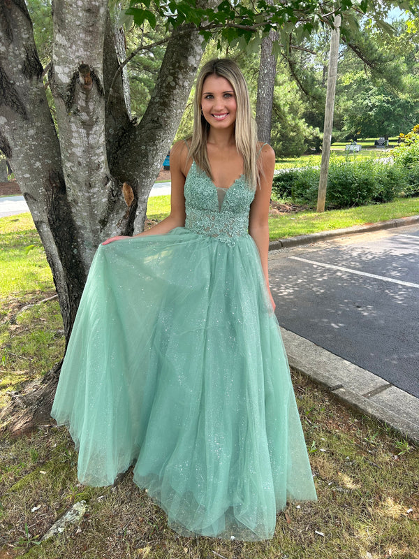 Blush Prom 12150 Fern Green Glitter Tulle A-Line Dress - Size 6