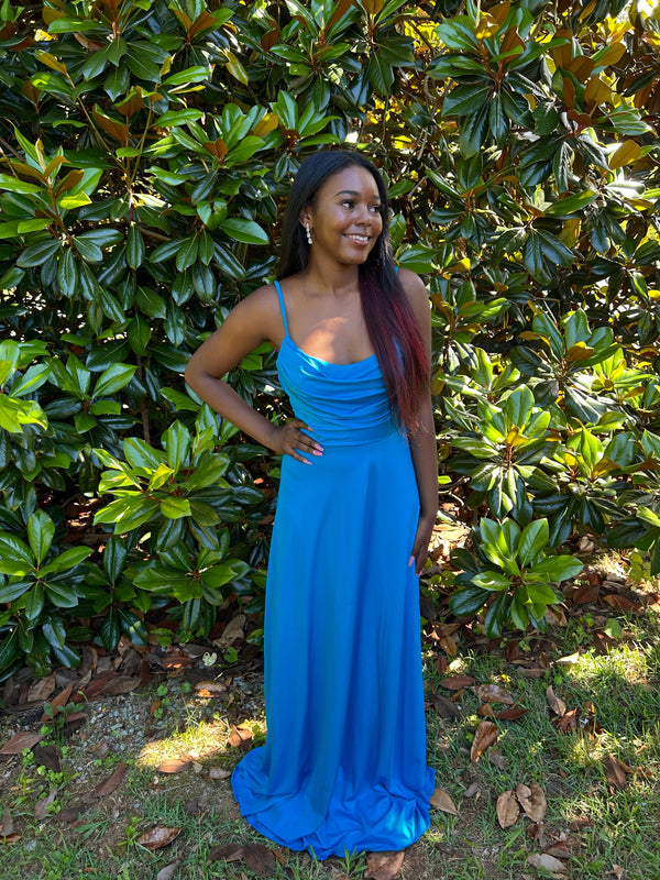 Blush Prom 12132 Blue Topaz Cowl Neck Slim A-Line Dress