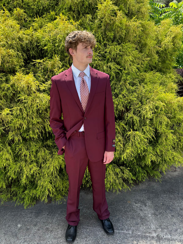 Burgundy Bolzano Two Piece Red Suit Modern Fit Suit Notch Lapel