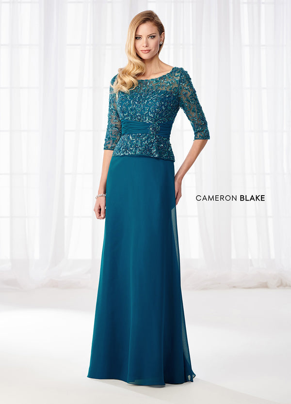Cameron Blake 114657 Teal Scoop Neck 3/4 Sleeve Chiffon A-Line Dress - Size 20