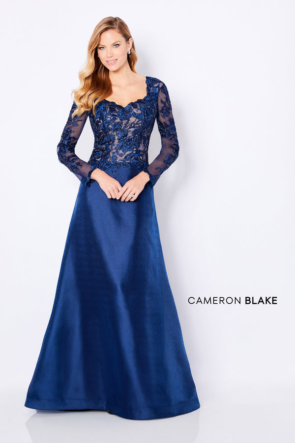 Cameron Blake 221683 Navy Embroidered Lace A-Line Dress with Detachable Sleeves - Size 22 W