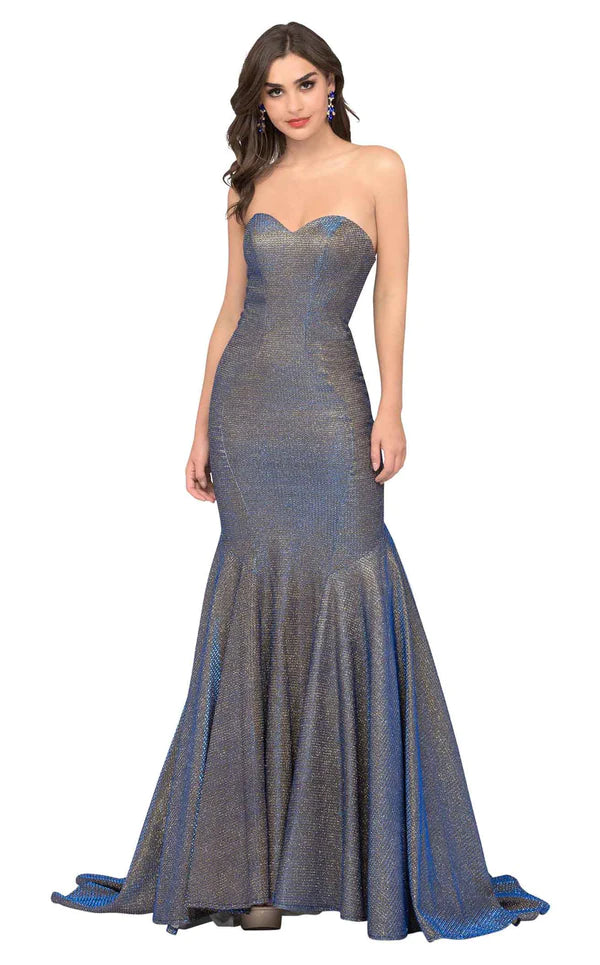 Cecilia Couture 1453 Blue Glitter Multi Fit-n-Flare Dress with Train - Size 8