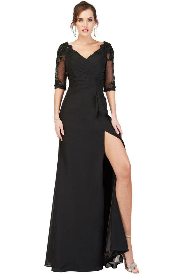 Cecilia Couture 1852 Champagne Chiffon Dress with Sheer Sleeves - Size 8