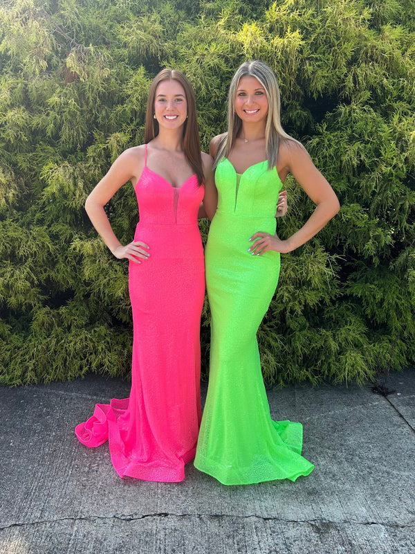 CLARISSE 810932 Neon Green Sequin Sheath Dress with Lace Up Back
