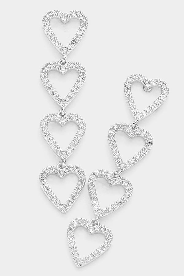 Cubic Zirconia Open Heart Link Dangle Earrings - Available in Gold or Silver