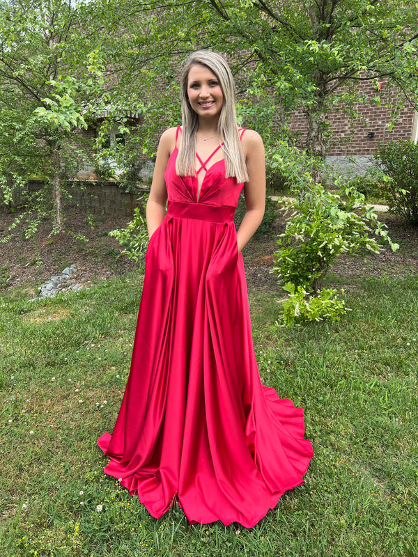 Dave & Johnny 10256 Red Satin Slim A-Line Dress