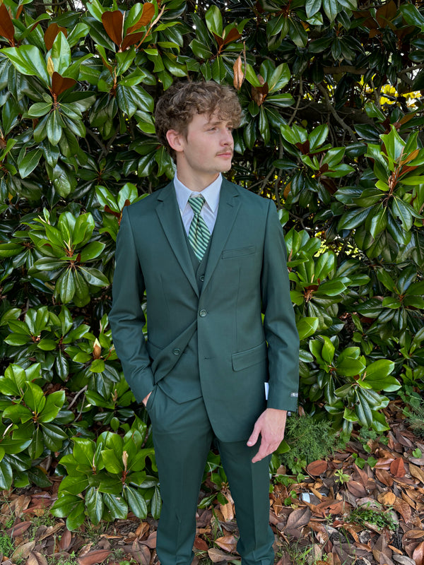 Dark Green Caravelli Three Piece Suit Matching Vest Notch Lapel
