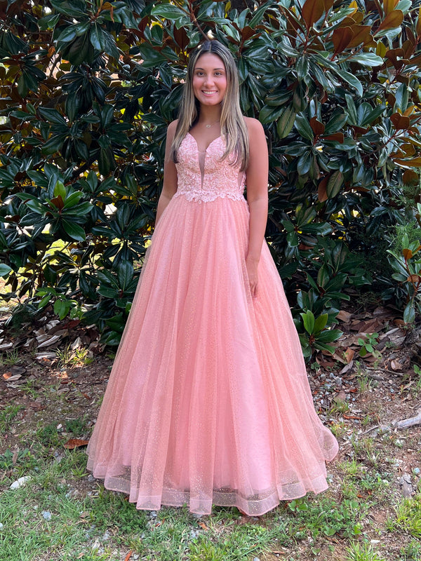 ENVIOUS Couture 1705 Rosegold V-Neck Glitter Tulle Ballgown