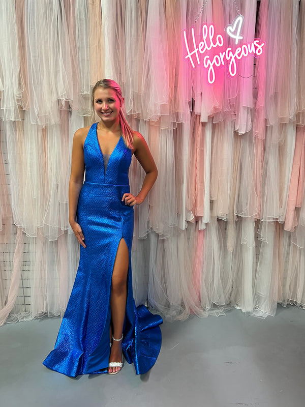 ENVIOUS Couture 1741 Royal Blue Shimmer Fit-N-Flare Dress with Slit - Size 8