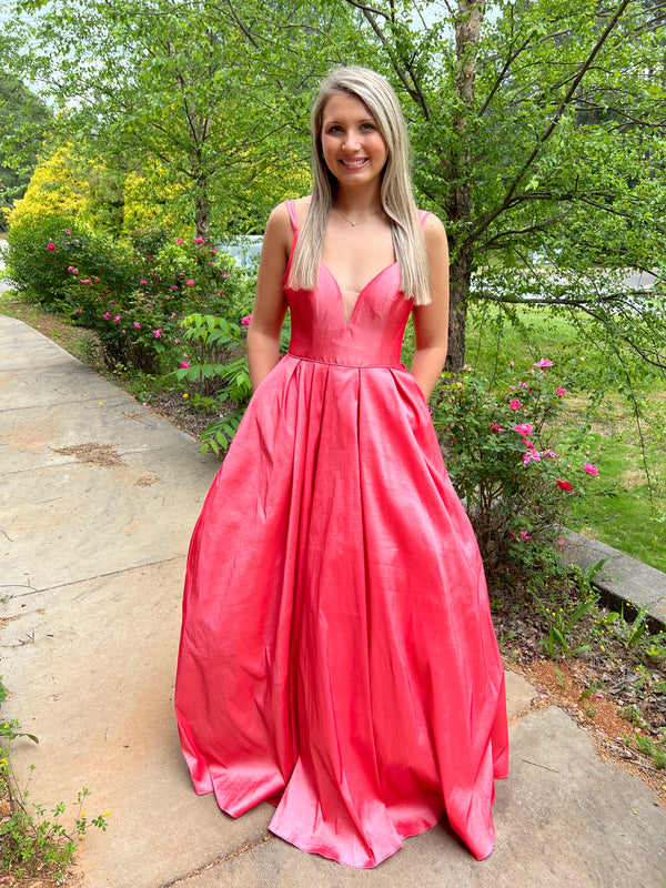 ENVIOUS Couture 1753 Coral V-Neck Taffeta Ballgown with Pockets