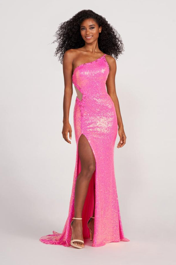 Ellie Wilde 34022 Hot Pink Sequin One Shoulder Dress with Slit - Size 2