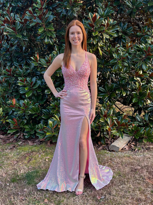 Ellie Wilde 34087 Light Pink Sequin Dress with Crystal Beaded Illusion Bodice - Size 00