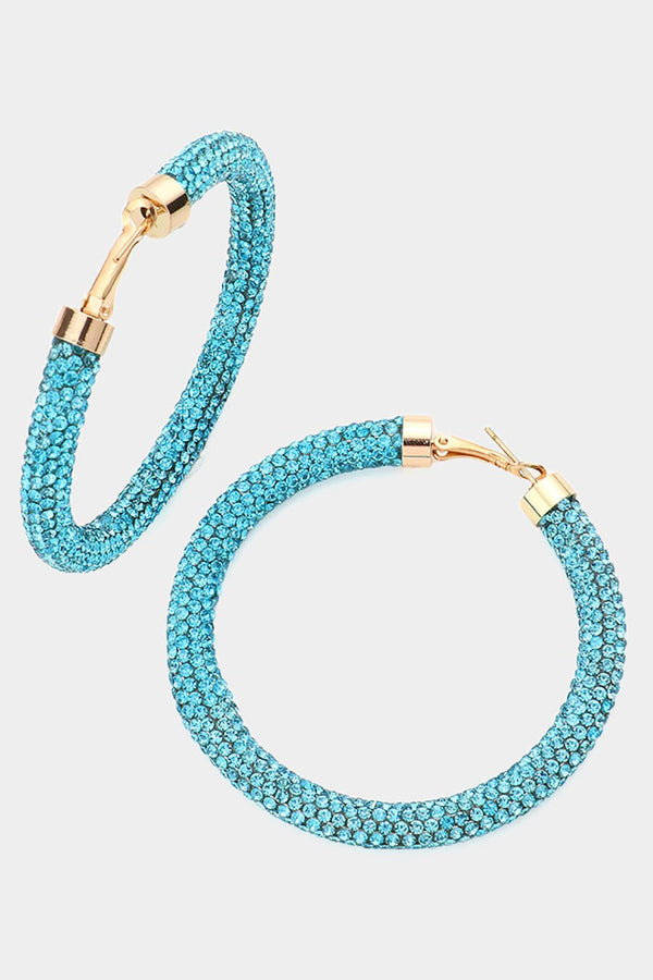 Rhinestone Pave Hoop Earrings - Royal Blue or Aqua