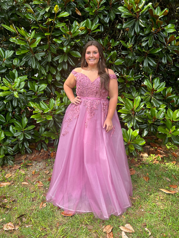 FLAIR Prom 24766 Plum Off the Shoulder A-Line Dress - Size 8