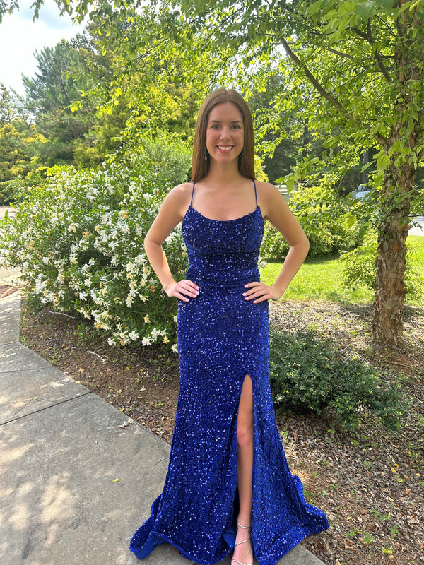 FLAIR Prom 24740 Royal Blue Sequin Sheath Dress with Slit and Train