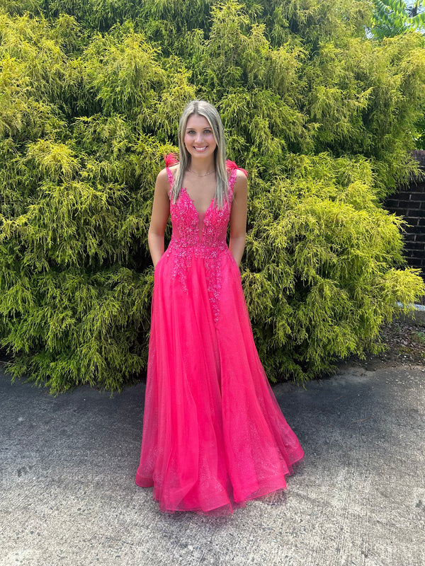 FLAIR PROM 24743 Fuchsia A-Line Tulle Dress with Slit - Size 10