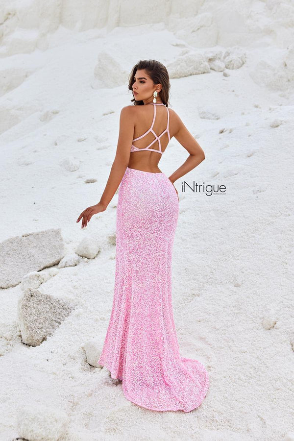 INTRIGUE by Blush Prom 91033 Bubblegum Pink High Neck Sequin Sheath with Slit - Size 8