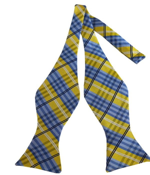 Yellow, Powder Blue, and Navy Plaid Self Tie Bow Tie
