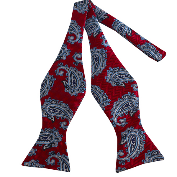 Steel Blue and Cream Paisley on Red Design Self Tie Bow Tie