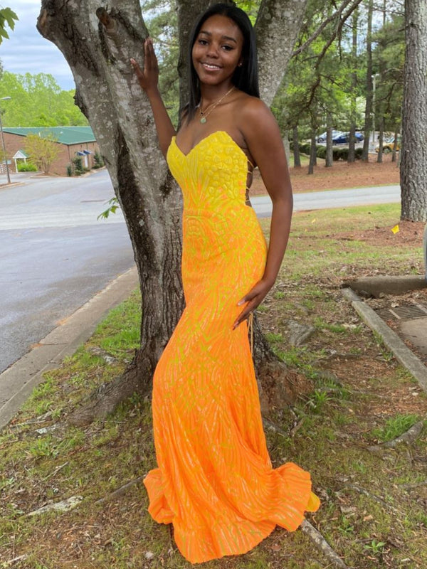 JOVANI 06459 Yellow Ombre Sequin Design Sheath Dress with Lace Up Back