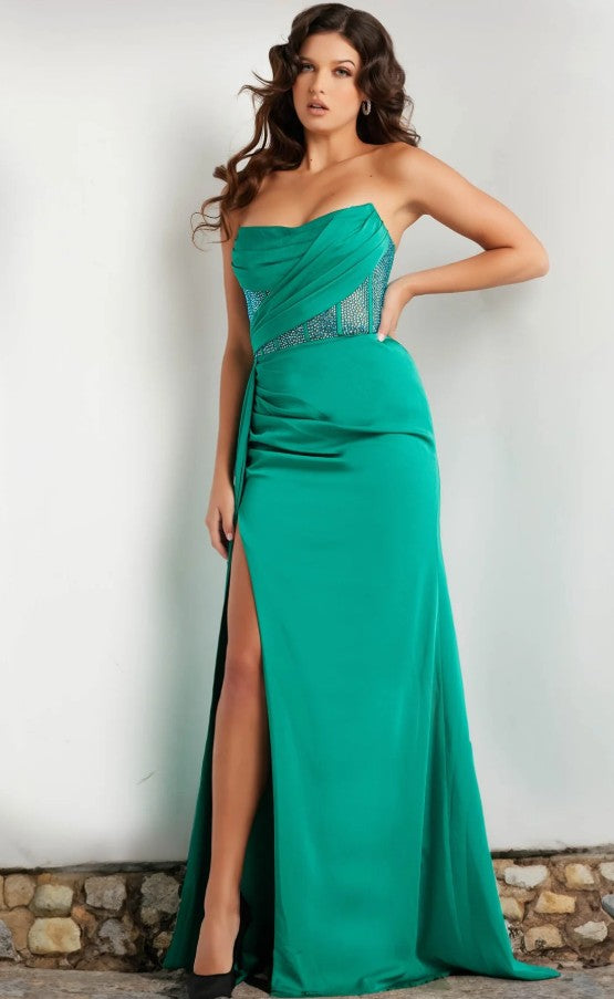 JOVANI 38330 Green Stretch Satin Sheath Dress with Corset Look Wrap Bodice and Slit